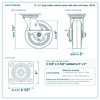 6 x 2 in gray rubber swivel caster with side lock brake reference drawing, side, front and top plate views with dimensions