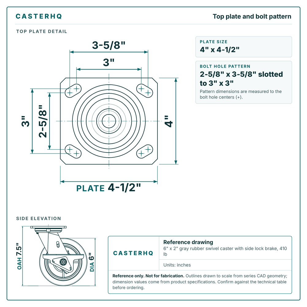 Top plate bolt pattern drawing, 4 x 4-1/2 in plate, slotted bolt holes
