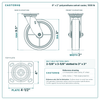 8 x 2 in polyurethane swivel caster reference drawing, side, front and top plate views with dimensions