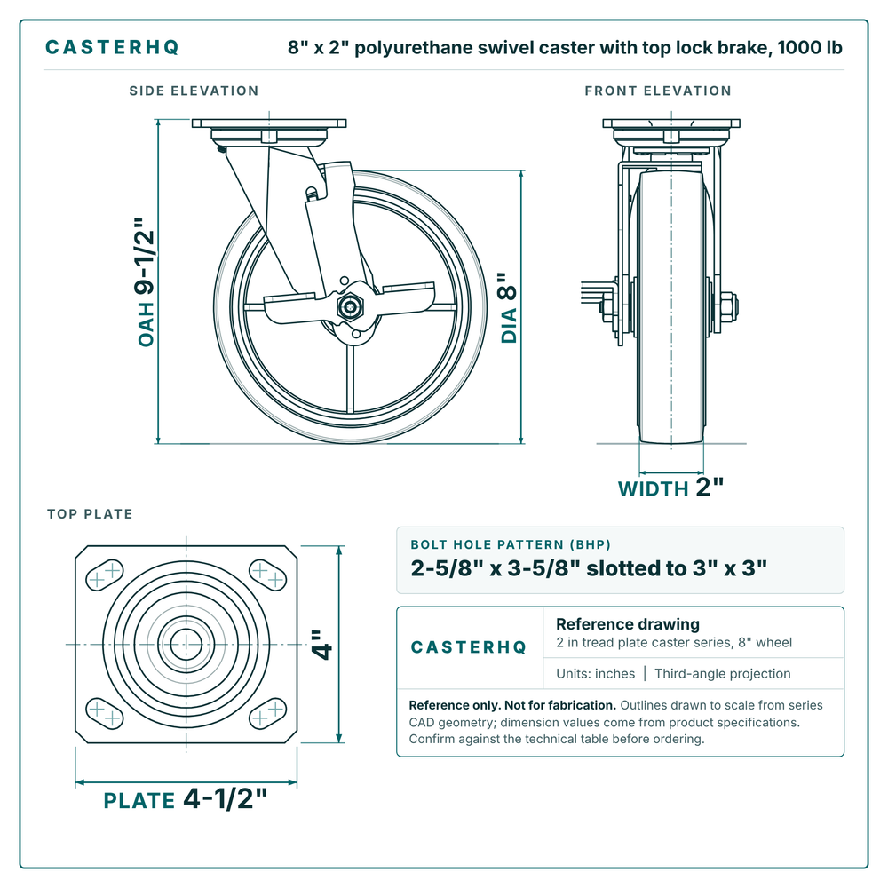 8 x 2 in polyurethane swivel caster with top lock brake reference drawing, side, front and top plate views with dimensions