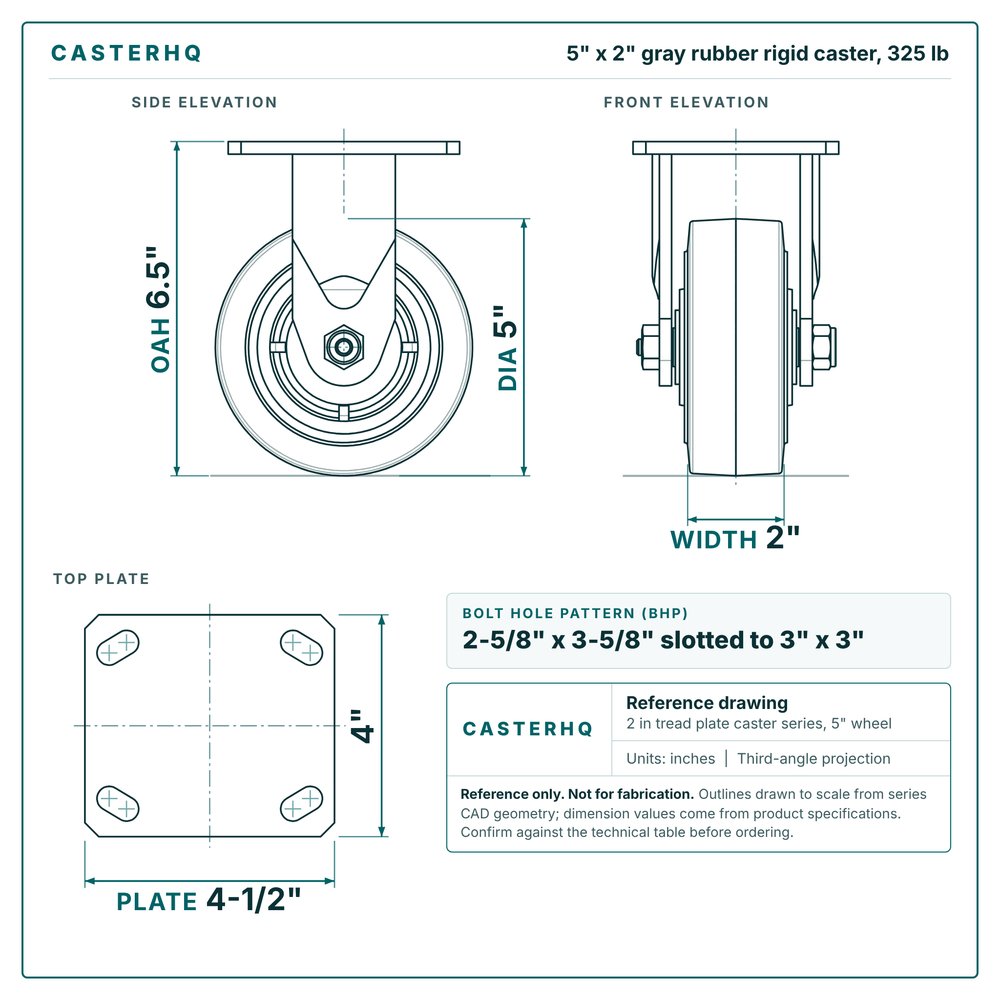 5 x 2 in gray rubber rigid caster reference drawing, side, front and top plate views with dimensions