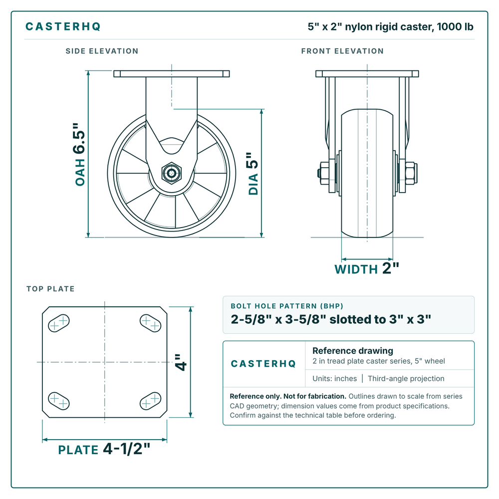 5 x 2 in nylon rigid caster reference drawing, side, front and top plate views with dimensions