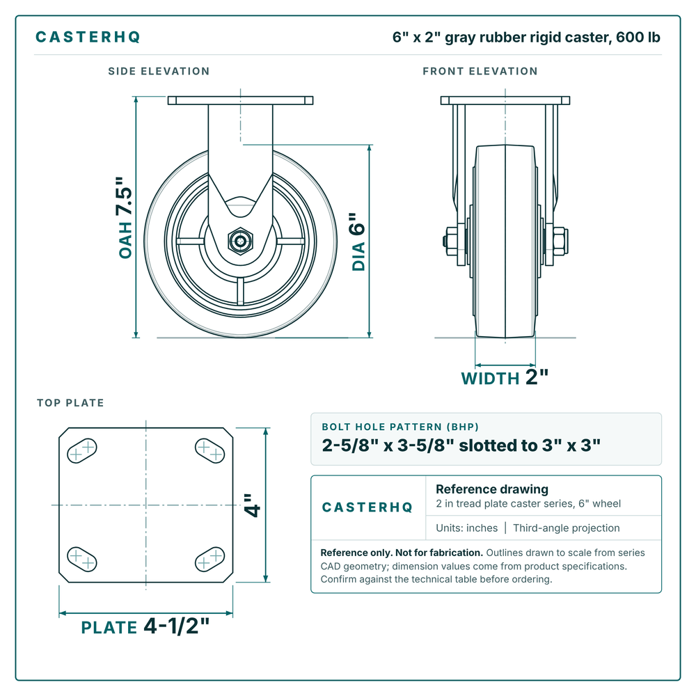 6 x 2 in gray rubber rigid caster reference drawing, side, front and top plate views with dimensions
