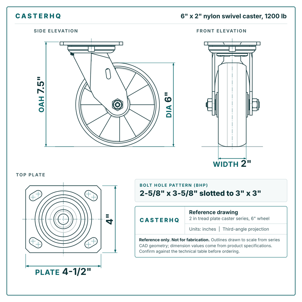 6 x 2 in nylon swivel caster reference drawing, side, front and top plate views with dimensions