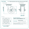 5 x 2 in high temp phenolic swivel caster with top lock brake reference drawing, side, front and top plate views with dimensions