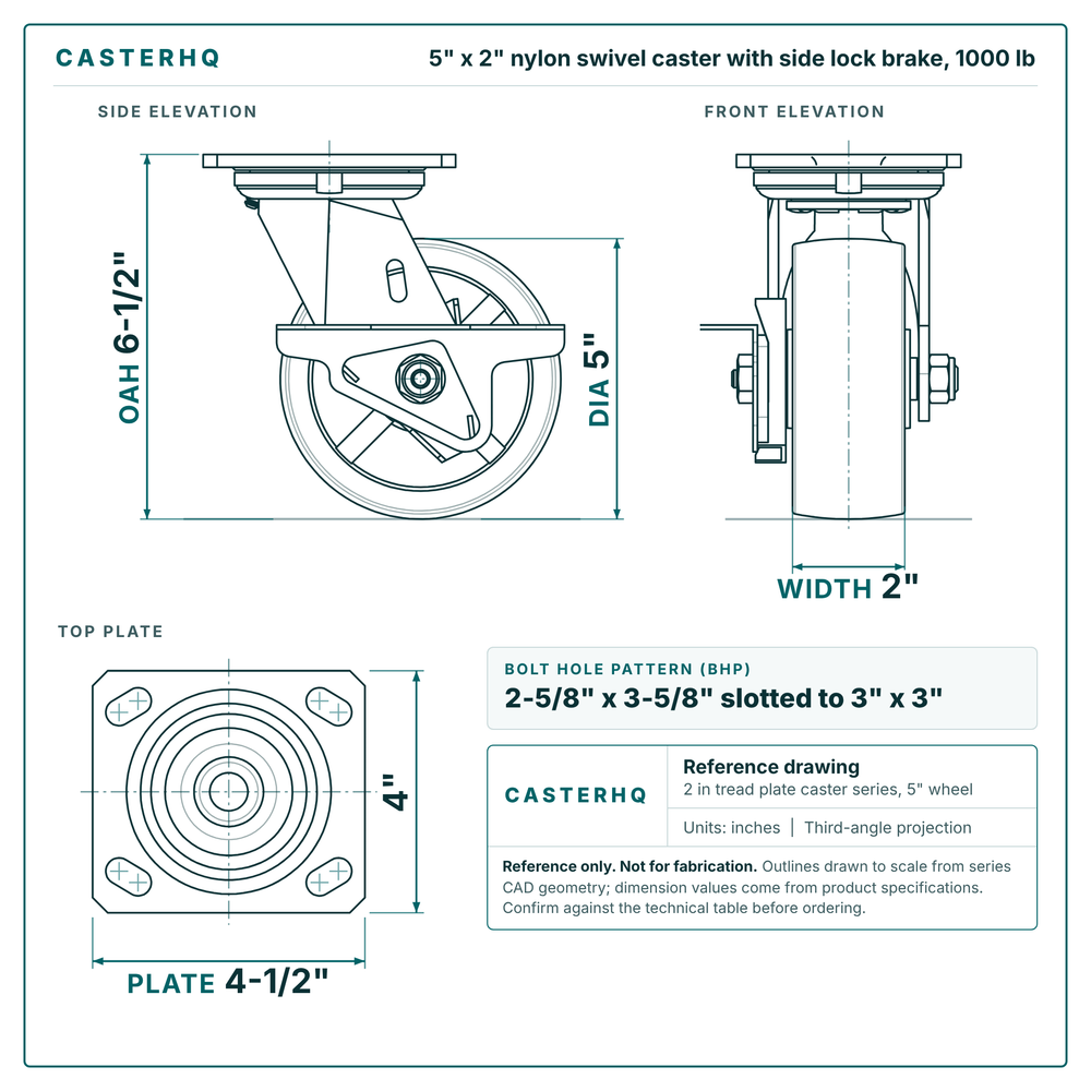5 x 2 in nylon swivel caster with side lock brake reference drawing, side, front and top plate views with dimensions