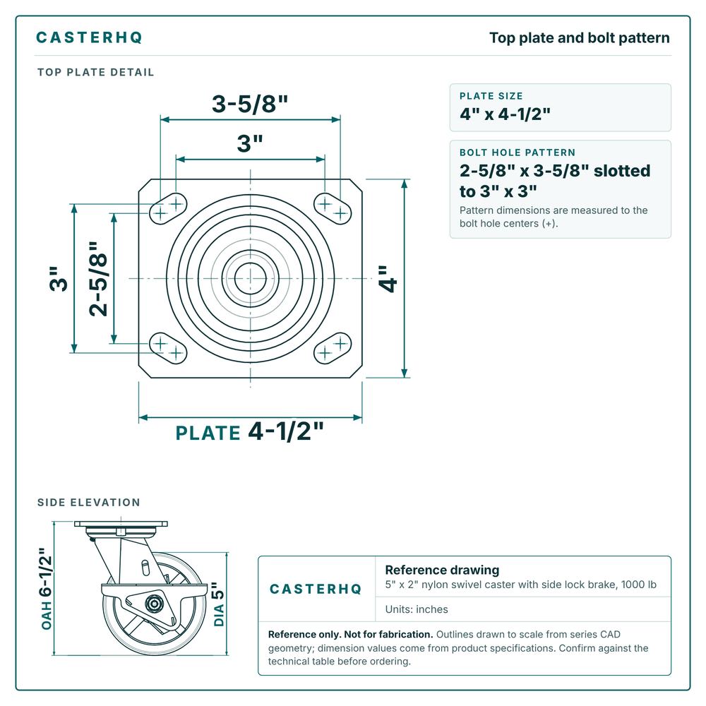 Top plate bolt pattern drawing, 4 x 4-1/2 in plate, slotted bolt holes