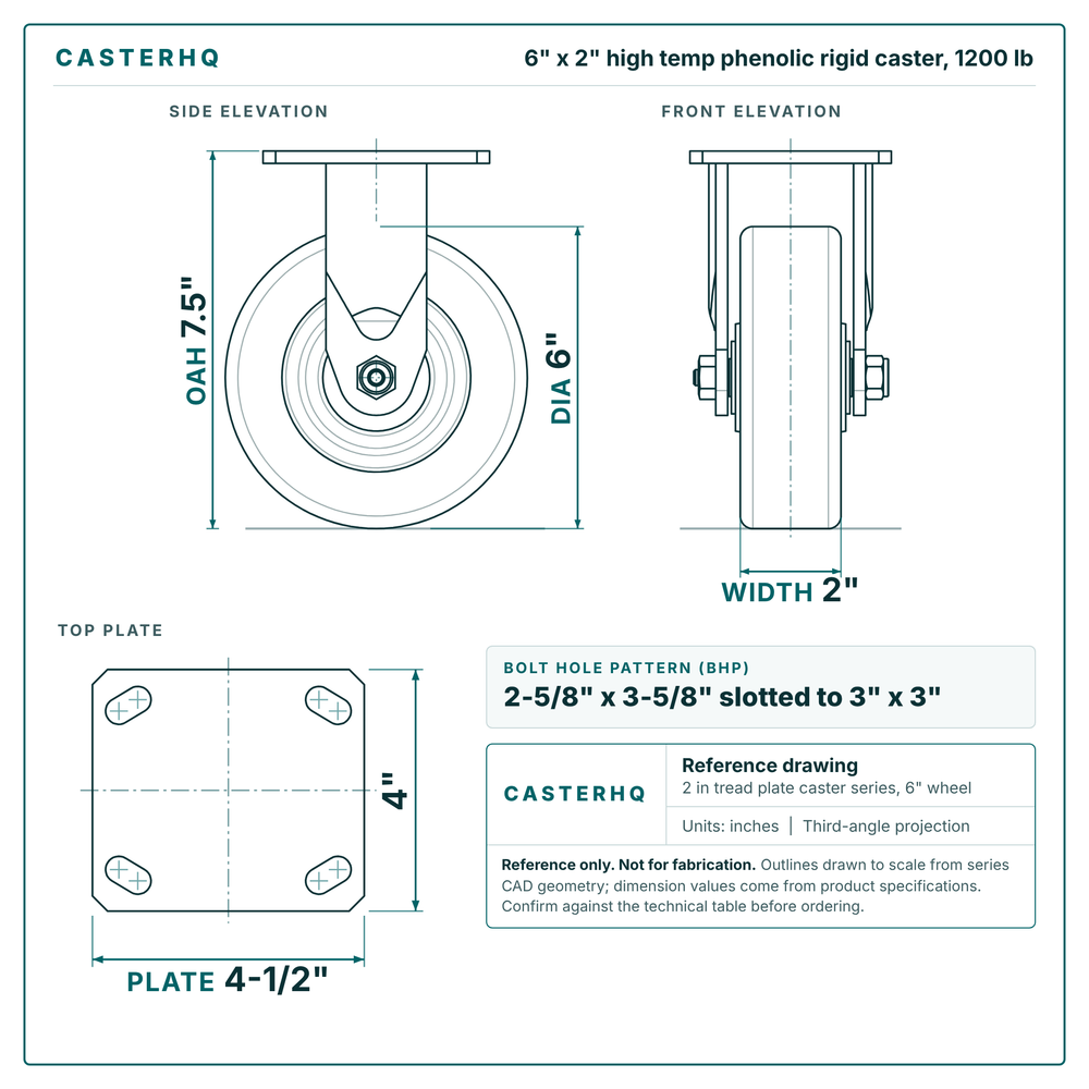 6 x 2 in high temp phenolic rigid caster reference drawing, side, front and top plate views with dimensions