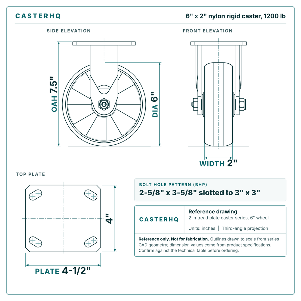 6 x 2 in nylon rigid caster reference drawing, side, front and top plate views with dimensions
