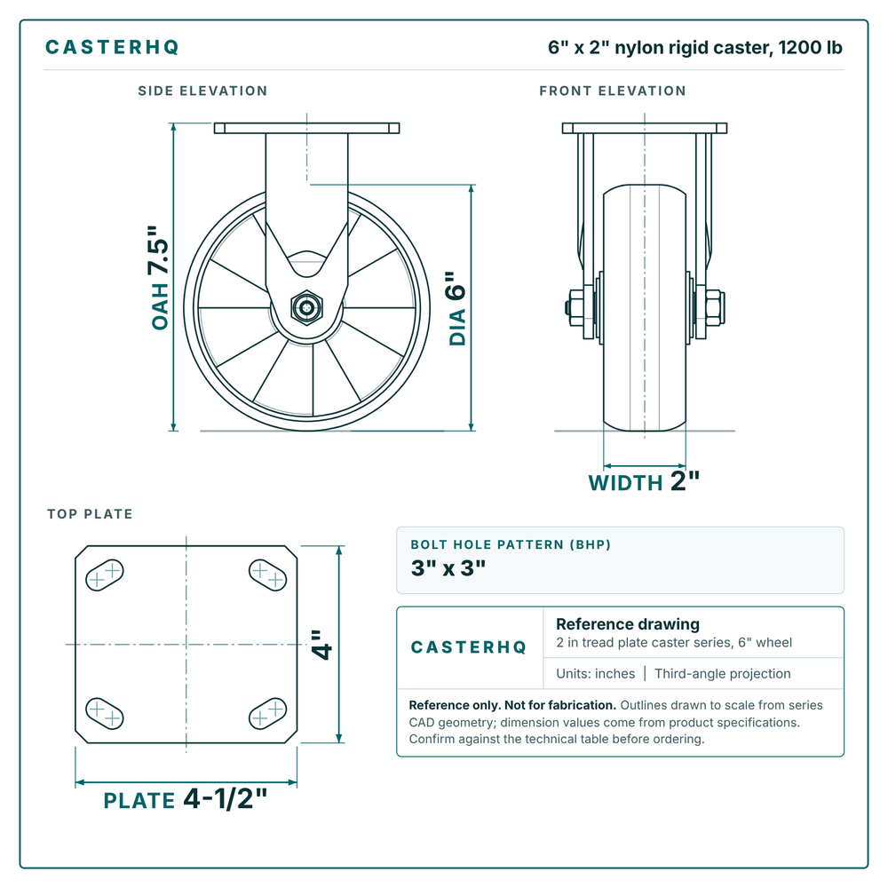 6 x 2 in nylon rigid caster reference drawing, side, front and top plate views with dimensions