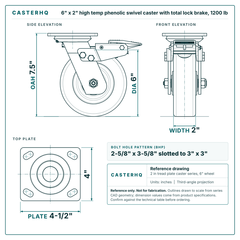 6 x 2 in high temp phenolic swivel caster with total lock brake reference drawing, side, front and top plate views with dimensions
