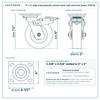 6 x 2 in high temp phenolic swivel caster with total lock brake reference drawing, side, front and top plate views with dimensions