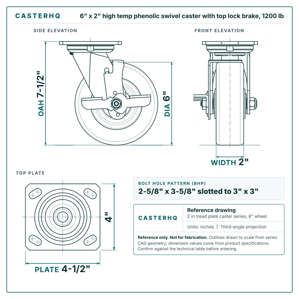 6 x 2 in high temp phenolic swivel caster with top lock brake reference drawing, side, front and top plate views with dimensions