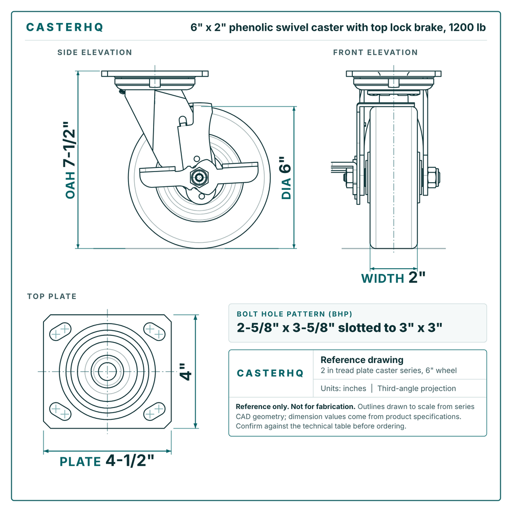 6 x 2 in phenolic swivel caster with top lock brake reference drawing, side, front and top plate views with dimensions