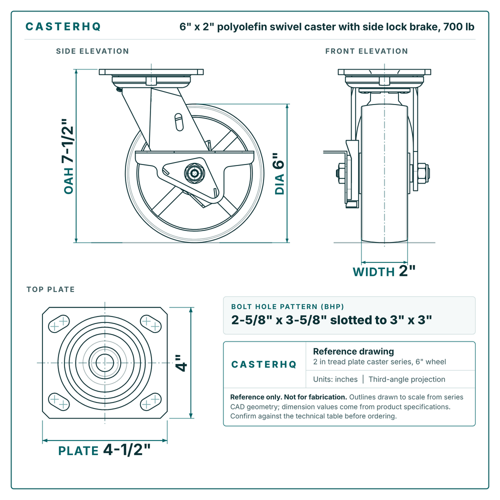 6 x 2 in polyolefin swivel caster with side lock brake reference drawing, side, front and top plate views with dimensions