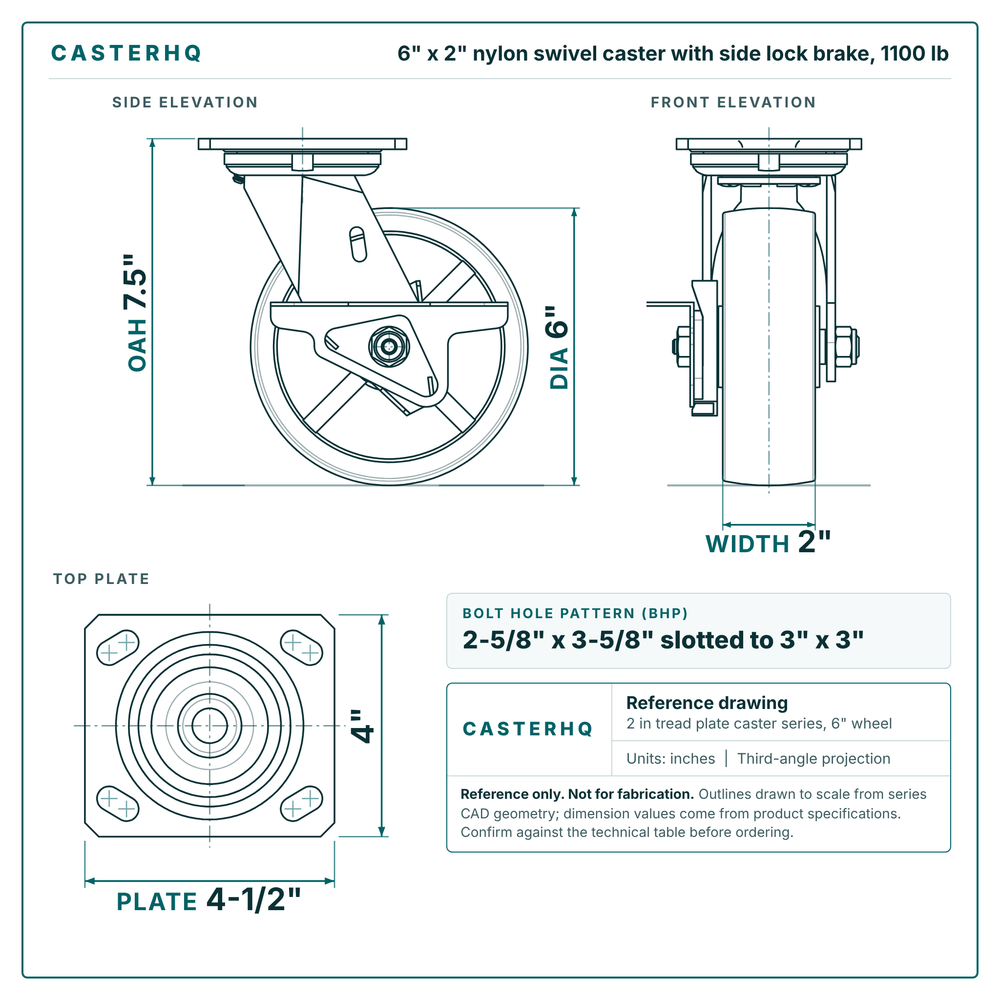 6 x 2 in nylon swivel caster with side lock brake reference drawing, side, front and top plate views with dimensions