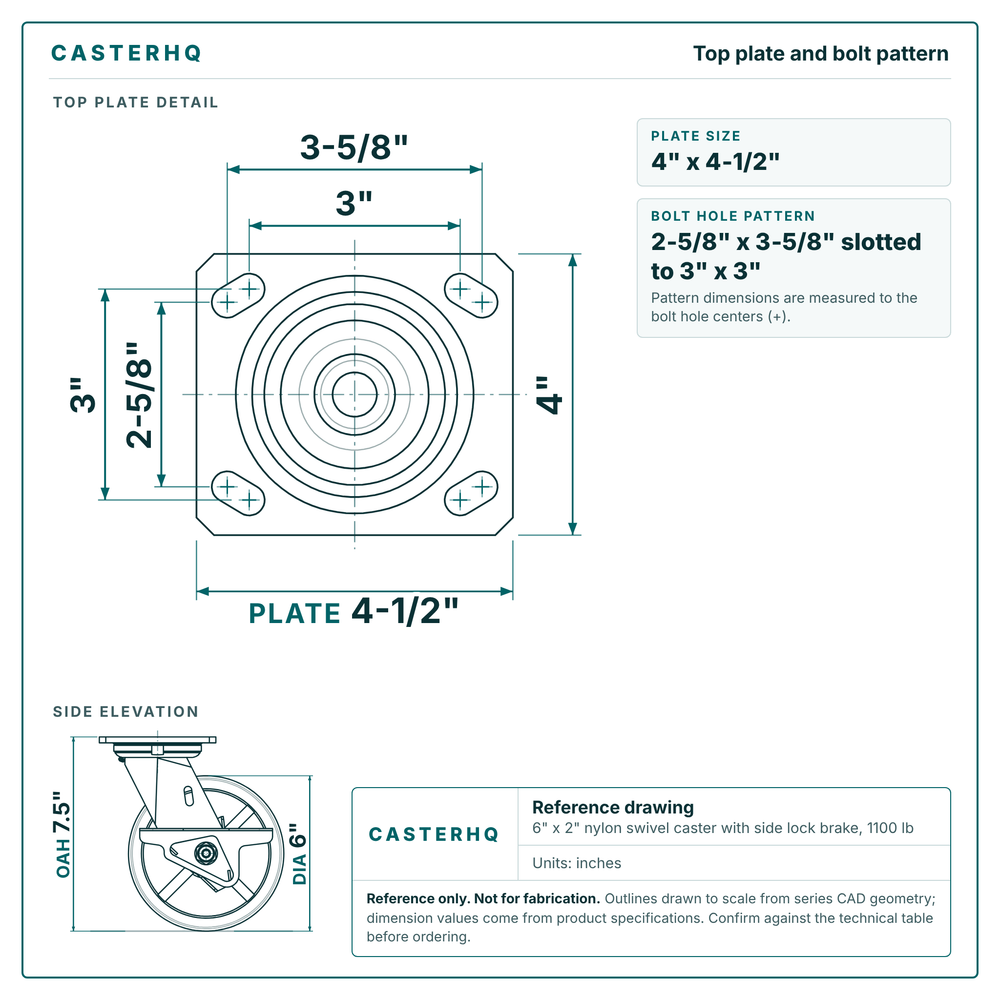 Top plate bolt pattern drawing, 4 x 4-1/2 in plate, slotted bolt holes