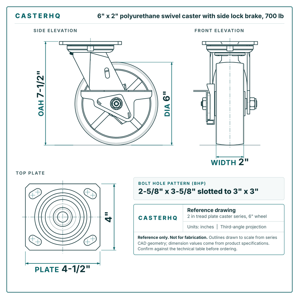 6 x 2 in polyurethane swivel caster with side lock brake reference drawing, side, front and top plate views with dimensions