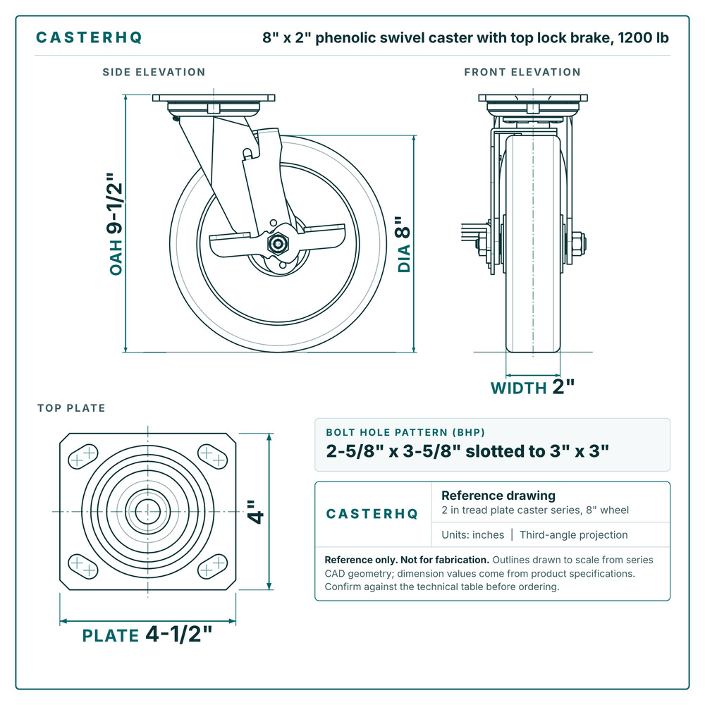 8 x 2 in phenolic swivel caster with top lock brake reference drawing, side, front and top plate views with dimensions