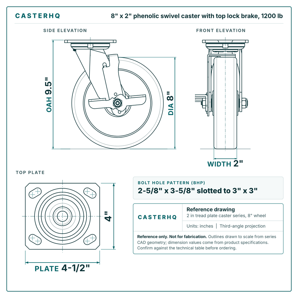 8 x 2 in phenolic swivel caster with top lock brake reference drawing, side, front and top plate views with dimensions