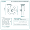 8 x 2 in phenolic swivel caster with top lock brake reference drawing, side, front and top plate views with dimensions