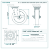 8 x 2 in phenolic swivel caster with top lock brake reference drawing, side, front and top plate views with dimensions
