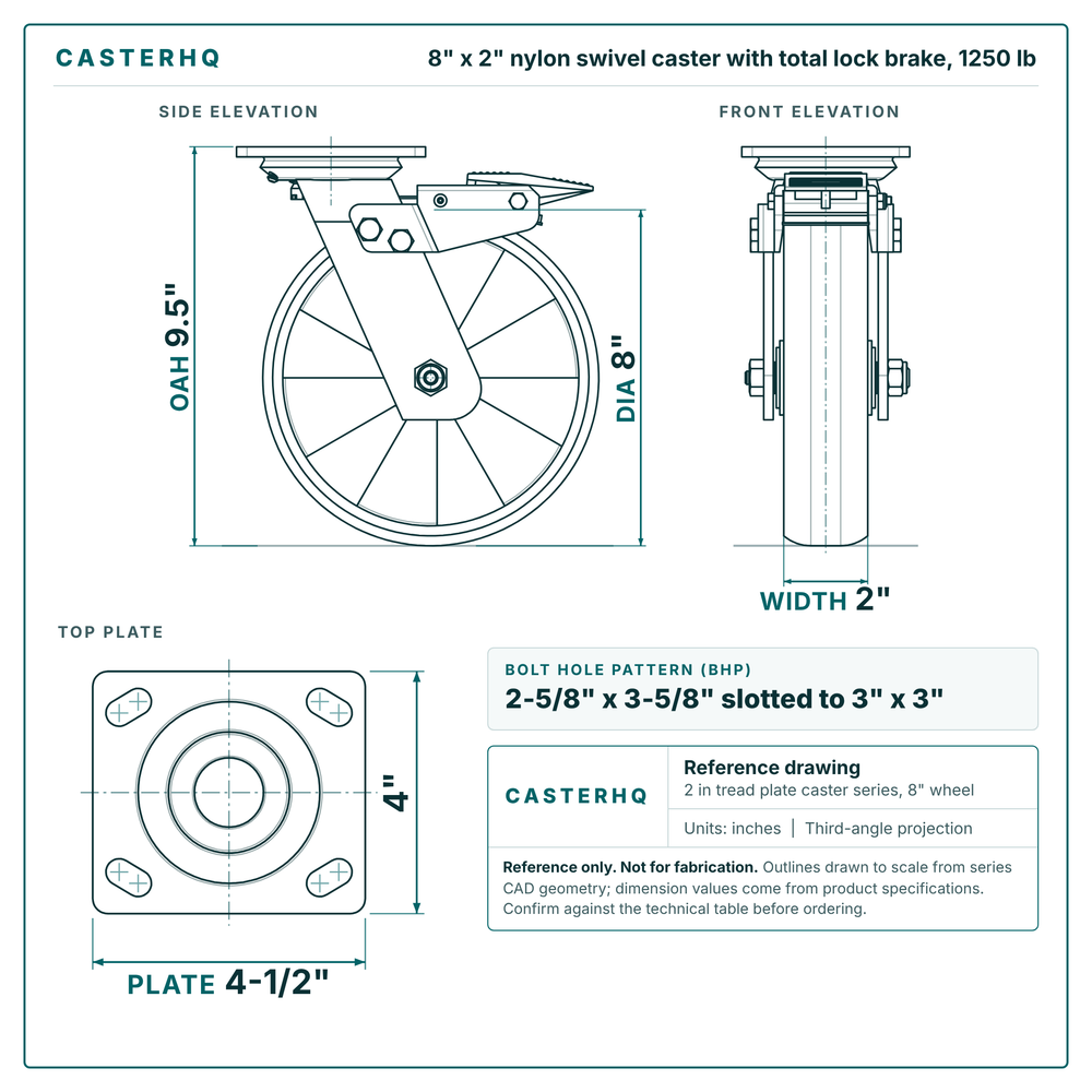 8 x 2 in nylon swivel caster with total lock brake reference drawing, side, front and top plate views with dimensions