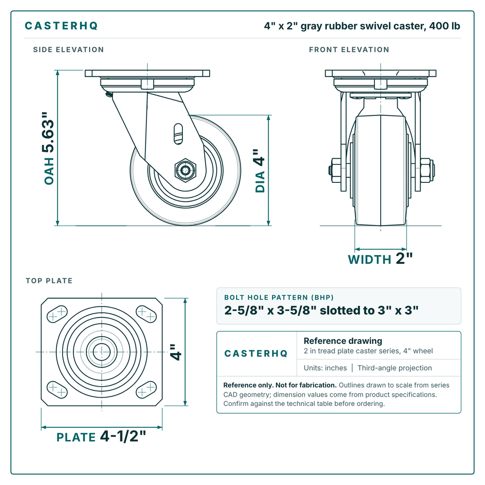 4 x 2 in gray rubber swivel caster reference drawing, side, front and top plate views with dimensions