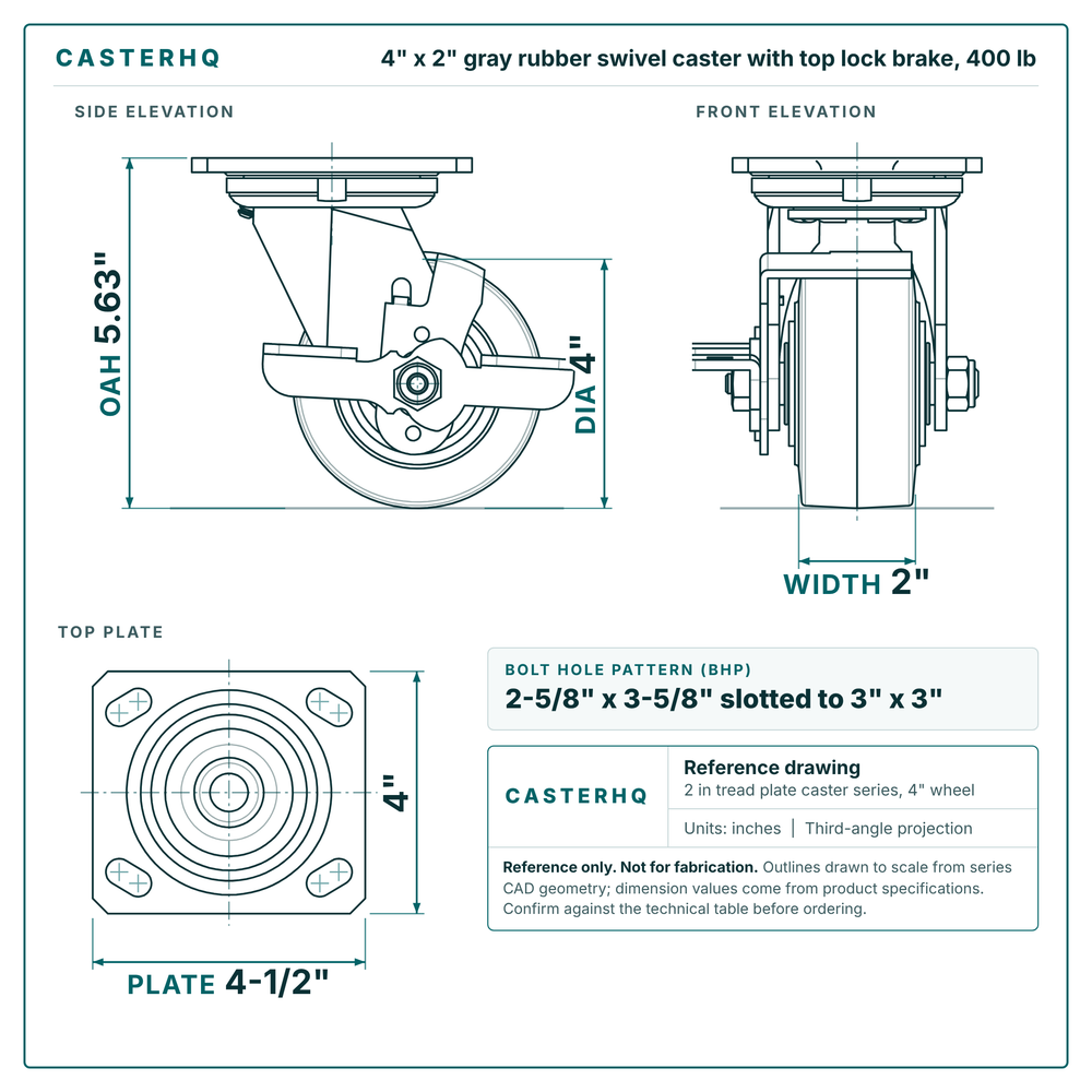 4 x 2 in gray rubber swivel caster with top lock brake reference drawing, side, front and top plate views with dimensions