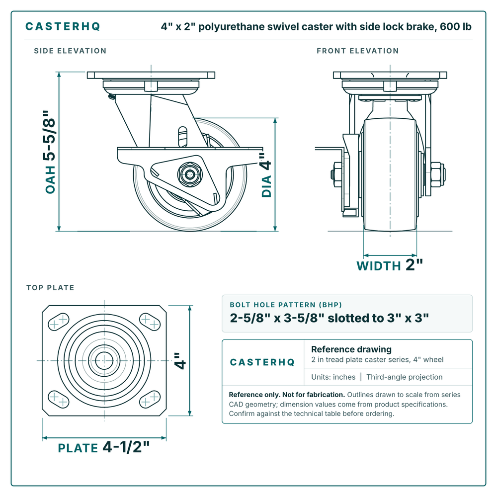 4 x 2 in polyurethane swivel caster with side lock brake reference drawing, side, front and top plate views with dimensions