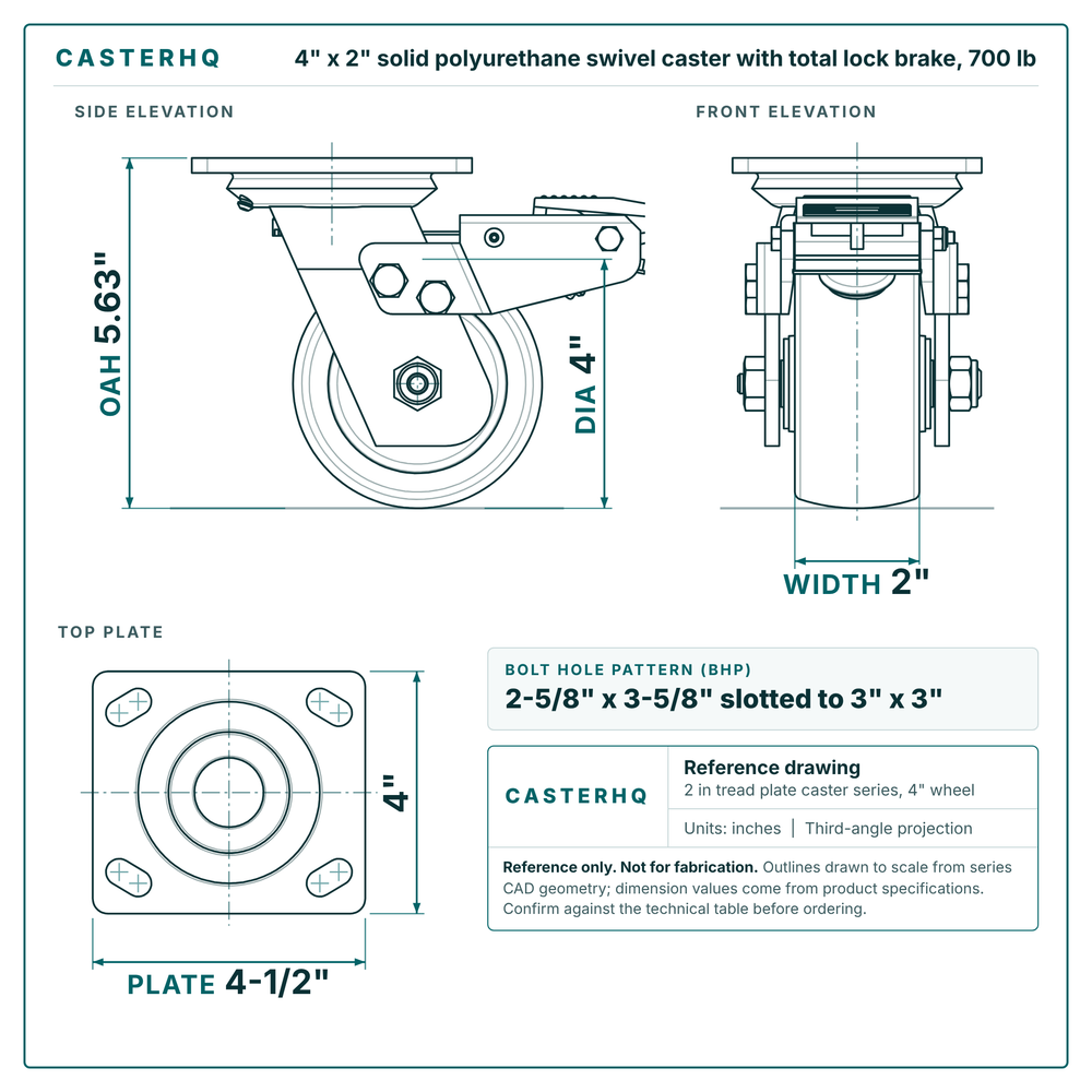 4 x 2 in solid polyurethane swivel caster with total lock brake reference drawing, side, front and top plate views with dimensions