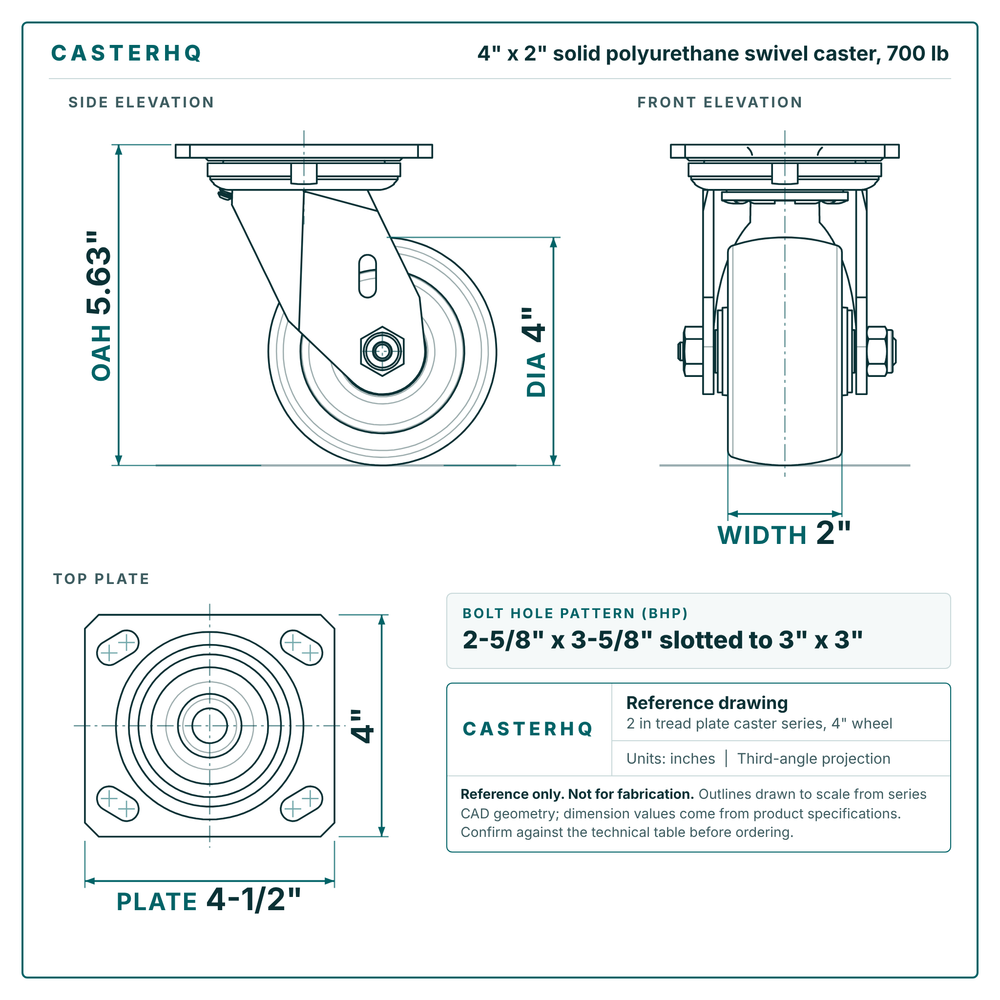 4 x 2 in solid polyurethane swivel caster reference drawing, side, front and top plate views with dimensions