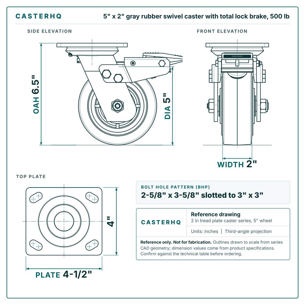 5 x 2 in gray rubber swivel caster with total lock brake reference drawing, side, front and top plate views with dimensions