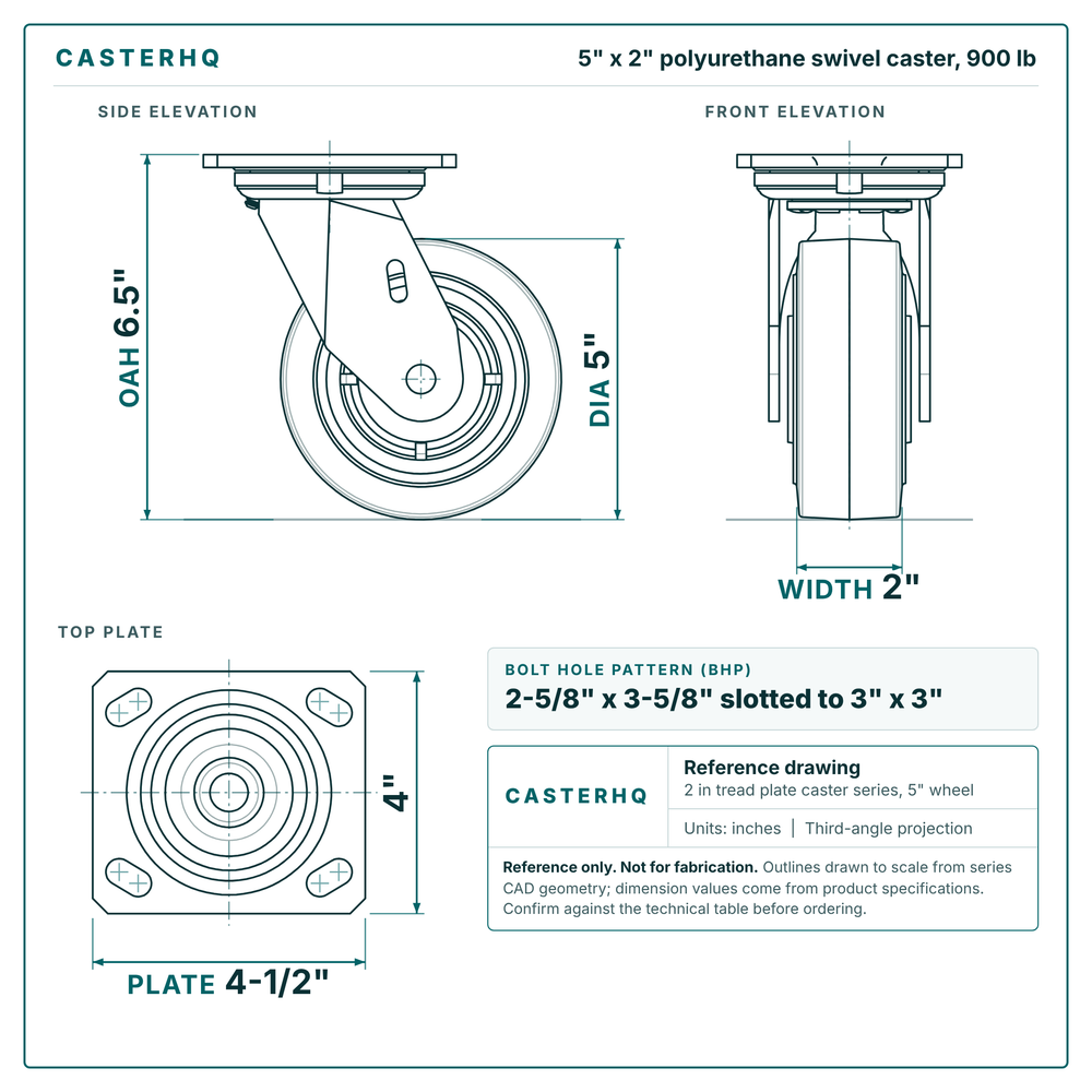 5 x 2 in polyurethane swivel caster reference drawing, side, front and top plate views with dimensions