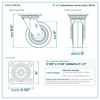 5 x 2 in polyurethane swivel caster reference drawing, side, front and top plate views with dimensions