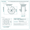 5 x 2 in solid polyurethane swivel caster with top lock brake reference drawing, side, front and top plate views with dimensions