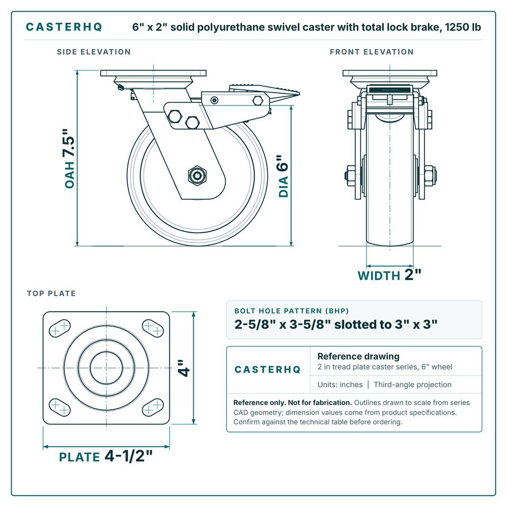 6 x 2 in solid polyurethane swivel caster with total lock brake reference drawing, side, front and top plate views with dimensions