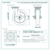 8 x 2 in gray rubber swivel caster with top lock brake reference drawing, side, front and top plate views with dimensions