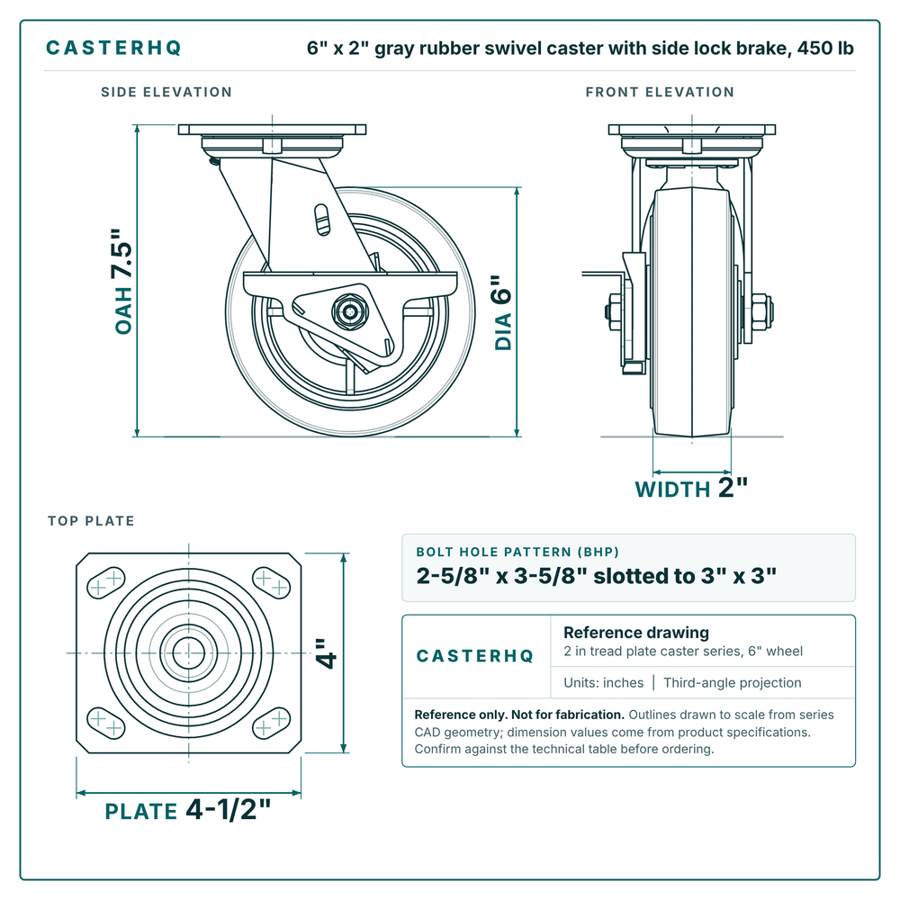 6 x 2 in gray rubber swivel caster with side lock brake reference drawing, side, front and top plate views with dimensions