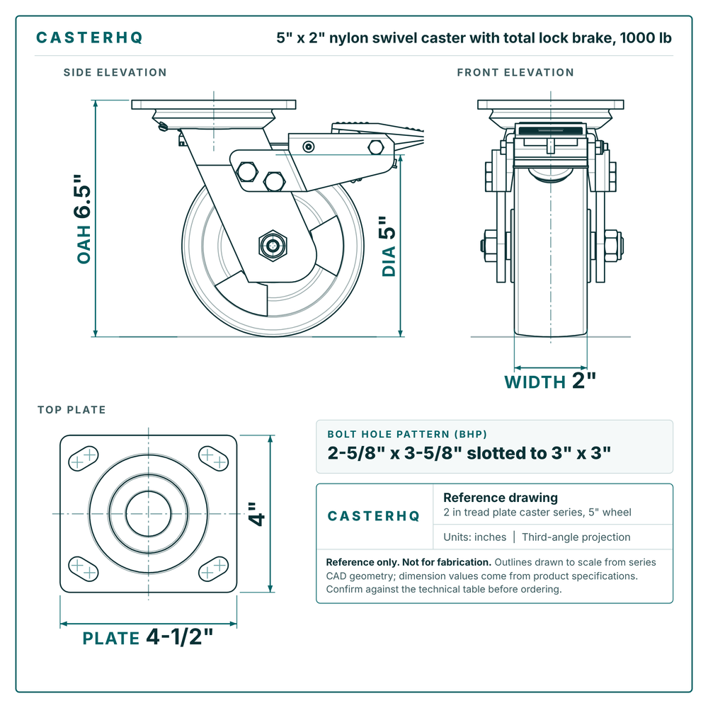 5 x 2 in nylon swivel caster with total lock brake reference drawing, side, front and top plate views with dimensions