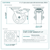 5 x 2 in nylon swivel caster with total lock brake reference drawing, side, front and top plate views with dimensions