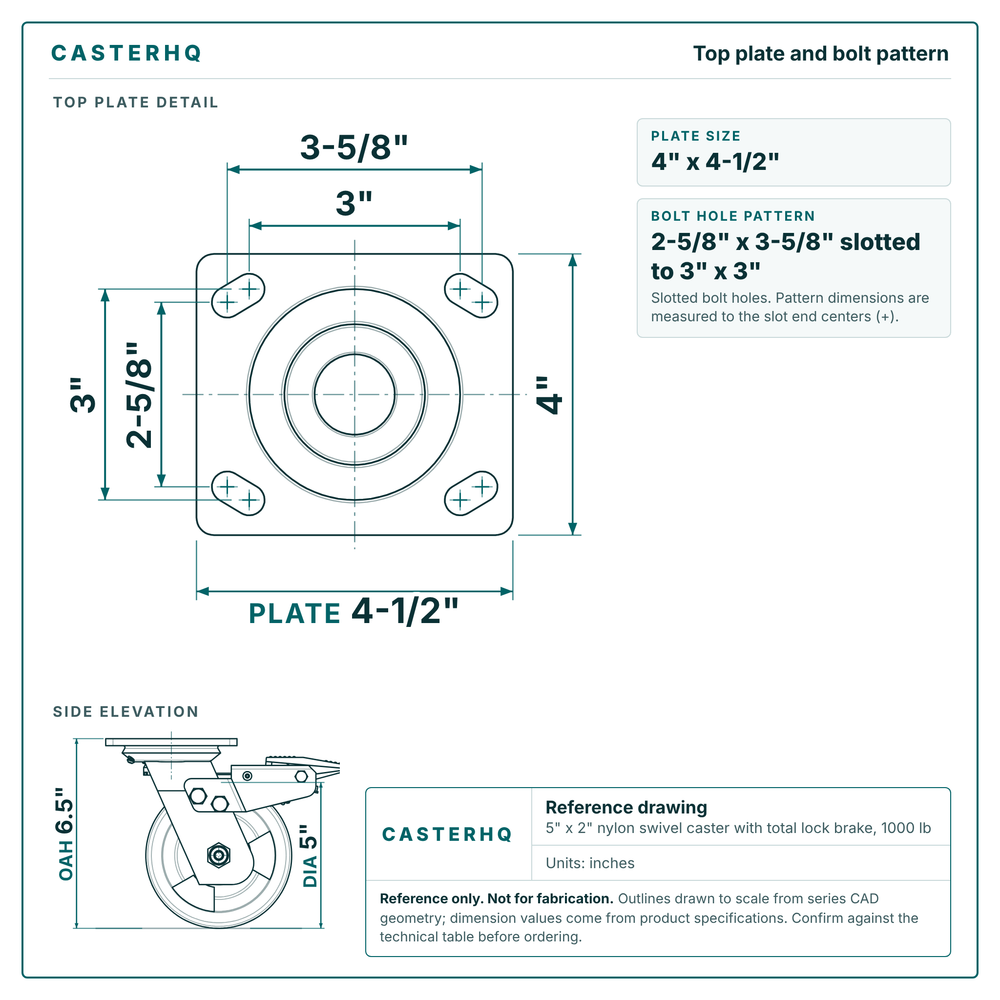 Top plate bolt pattern drawing, 4 x 4-1/2 in plate, slotted bolt holes