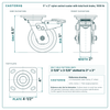 5 x 2 in nylon swivel caster with total lock brake reference drawing, side, front and top plate views with dimensions