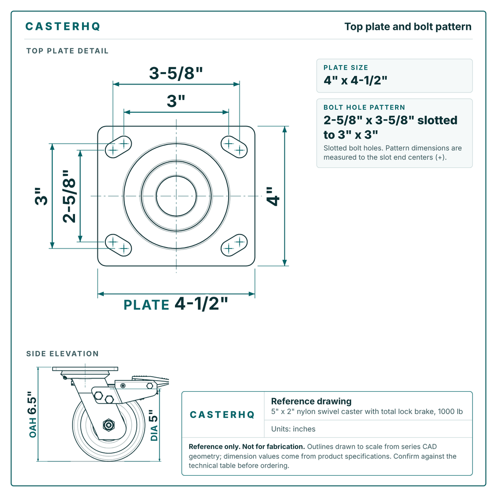 Top plate bolt pattern drawing, 4 x 4-1/2 in plate, slotted bolt holes