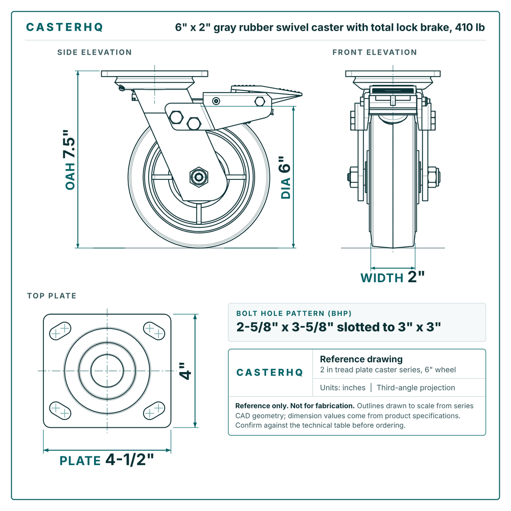 6 x 2 in gray rubber swivel caster with total lock brake reference drawing, side, front and top plate views with dimensions