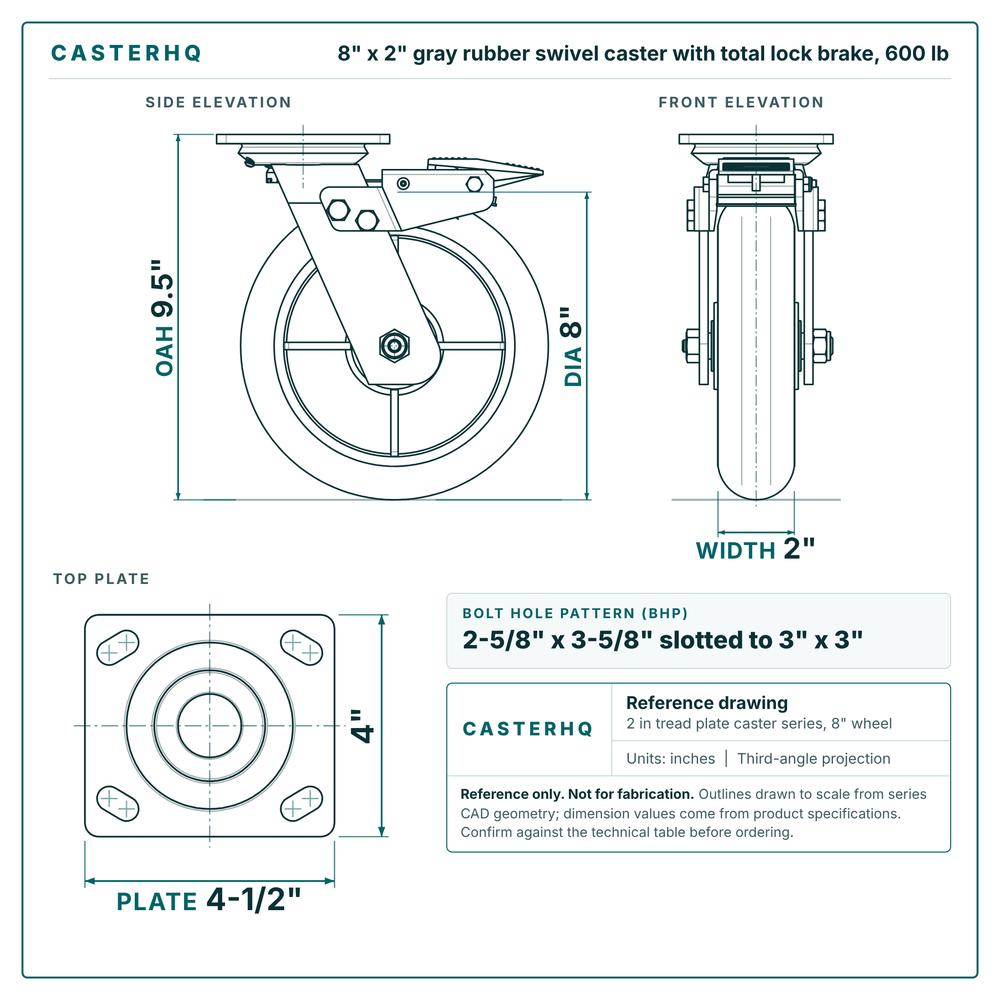 8 x 2 in gray rubber swivel caster with total lock brake reference drawing, side, front and top plate views with dimensions