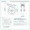 8 x 2 in gray rubber swivel caster with total lock brake reference drawing, side, front and top plate views with dimensions