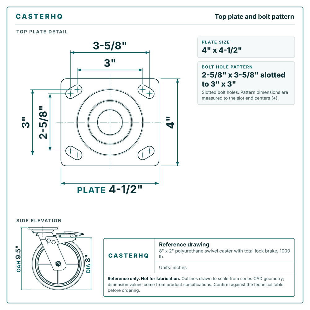 Top plate bolt pattern drawing, 4 x 4-1/2 in plate, slotted bolt holes
