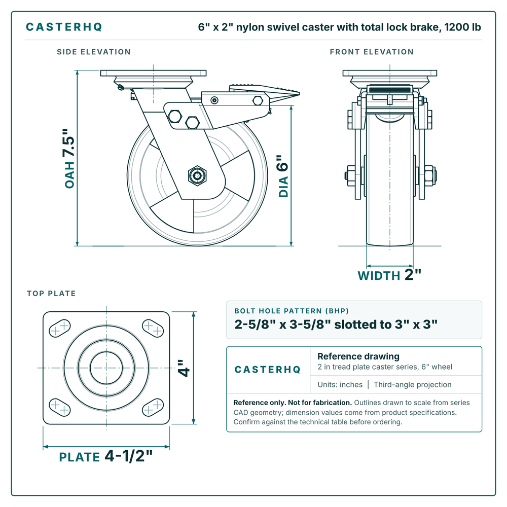 6 x 2 in nylon swivel caster with total lock brake reference drawing, side, front and top plate views with dimensions