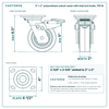 5 x 2 in polyurethane swivel caster with total lock brake reference drawing, side, front and top plate views with dimensions
